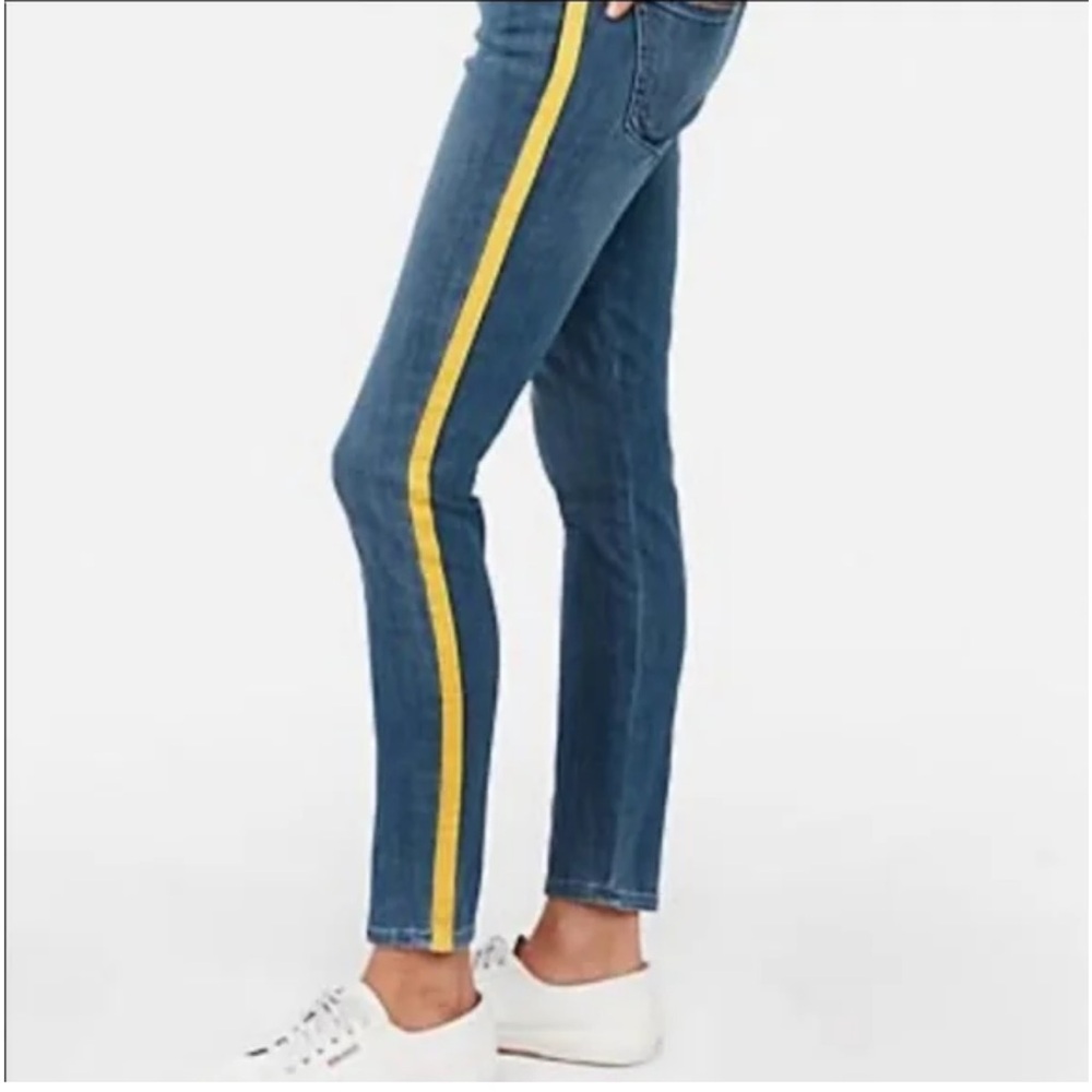 Express Blue Skinny Jeans with Yellow Stripe - Picture 4 of 9